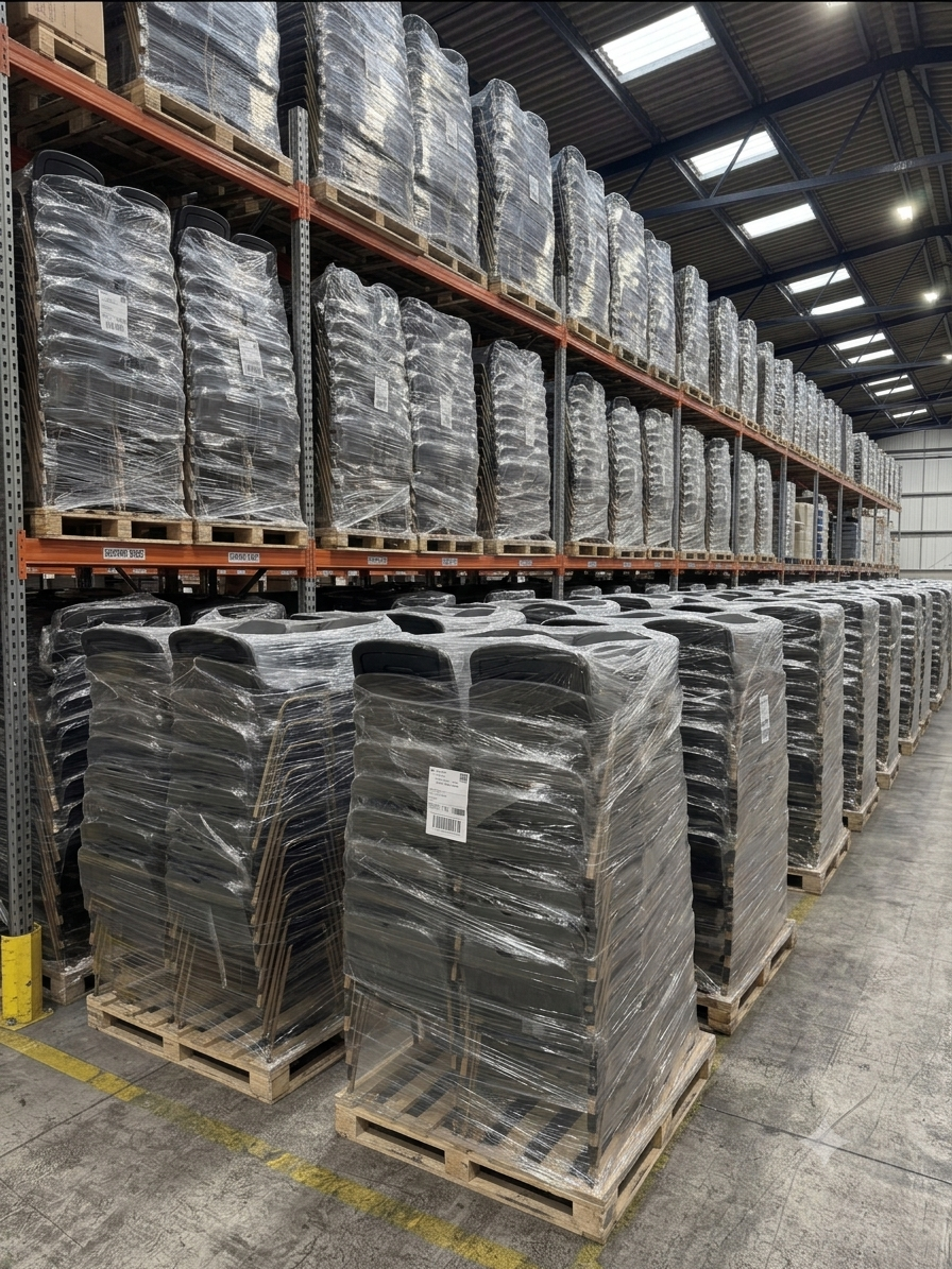 Rijen ingepakte pallets met NxtChair-stoelen in het magazijn
